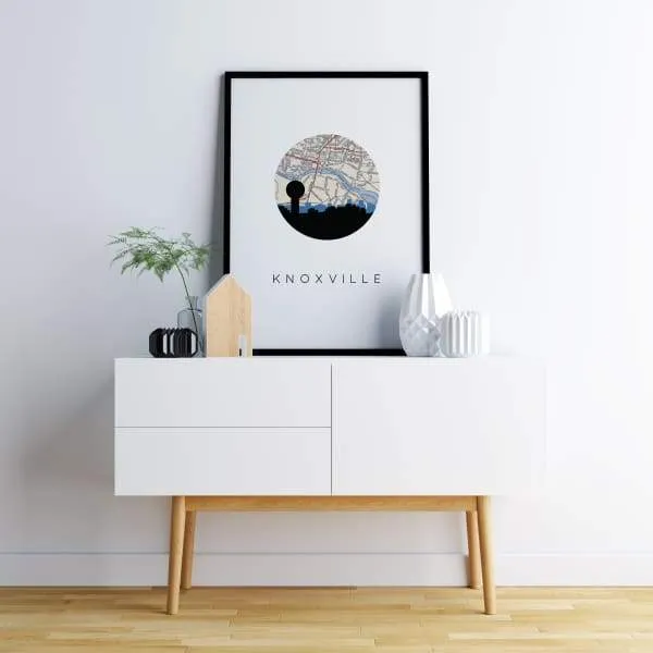 Knoxville, Tennessee city skyline with vintage Knoxville map