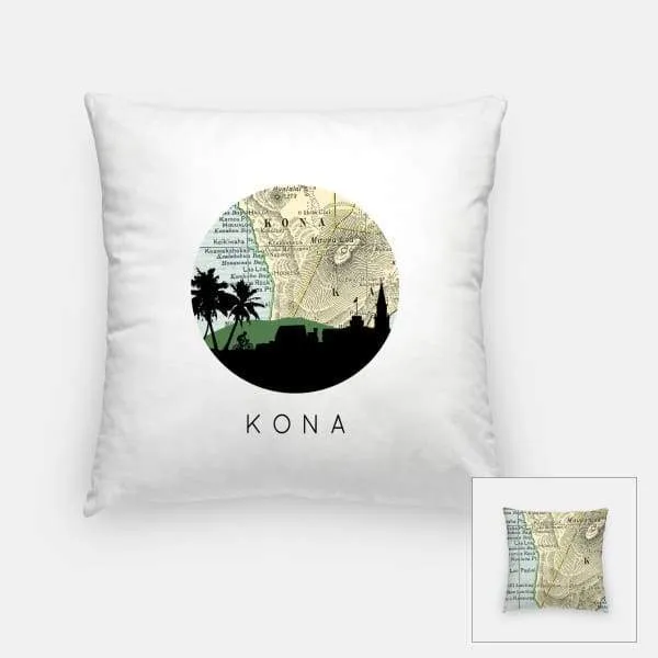 Kona, Hawaii city skyline with vintage Kona map