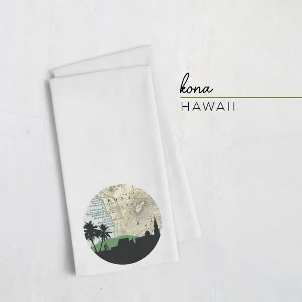 Kona, Hawaii city skyline with vintage Kona map