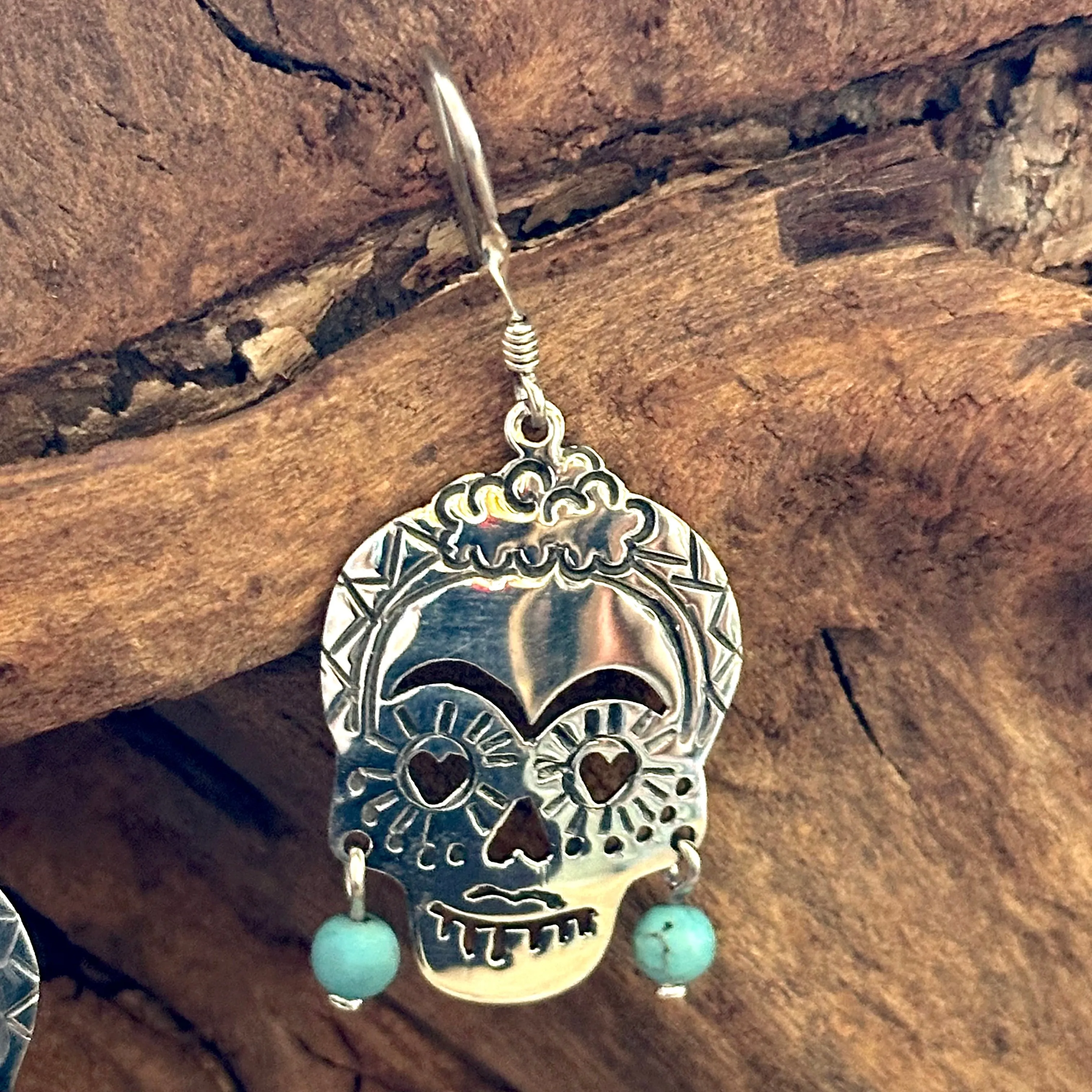 LAS CALAVERAS Mexican Sterling Silver & Turquoise Frida Kahlo Folk Skull Earrings