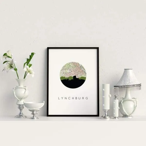 Lynchburg, Virginia city skyline with vintage Lynchburg map