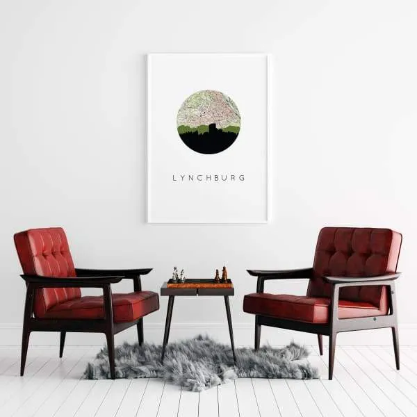 Lynchburg, Virginia city skyline with vintage Lynchburg map