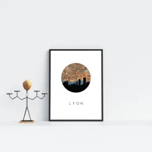 Lyon city skyline with vintage Lyon map
