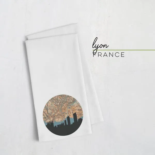 Lyon city skyline with vintage Lyon map