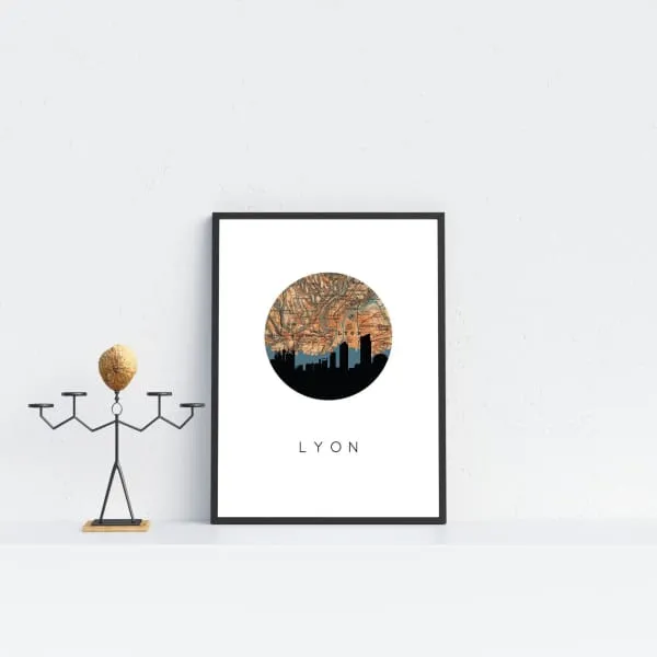 Lyon city skyline with vintage Lyon map