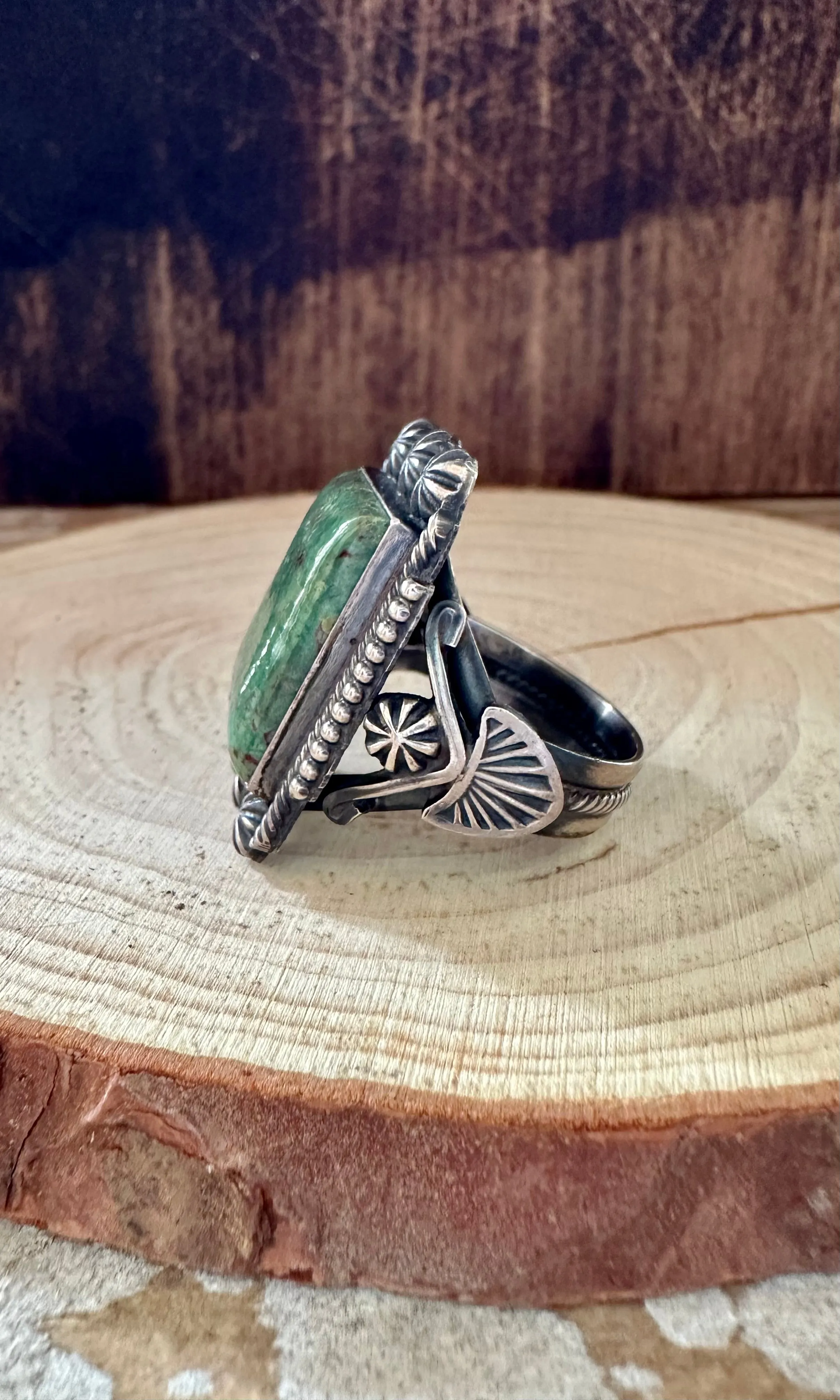 M&R CALLADITTE NAVAJO Square Green Turquoise Sterling Ring • Size 13