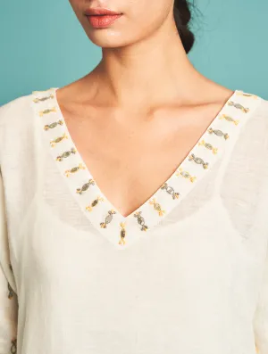 Manan   I   Kiyo Hand-Embroidered Kurta - Ivory   Border Collection