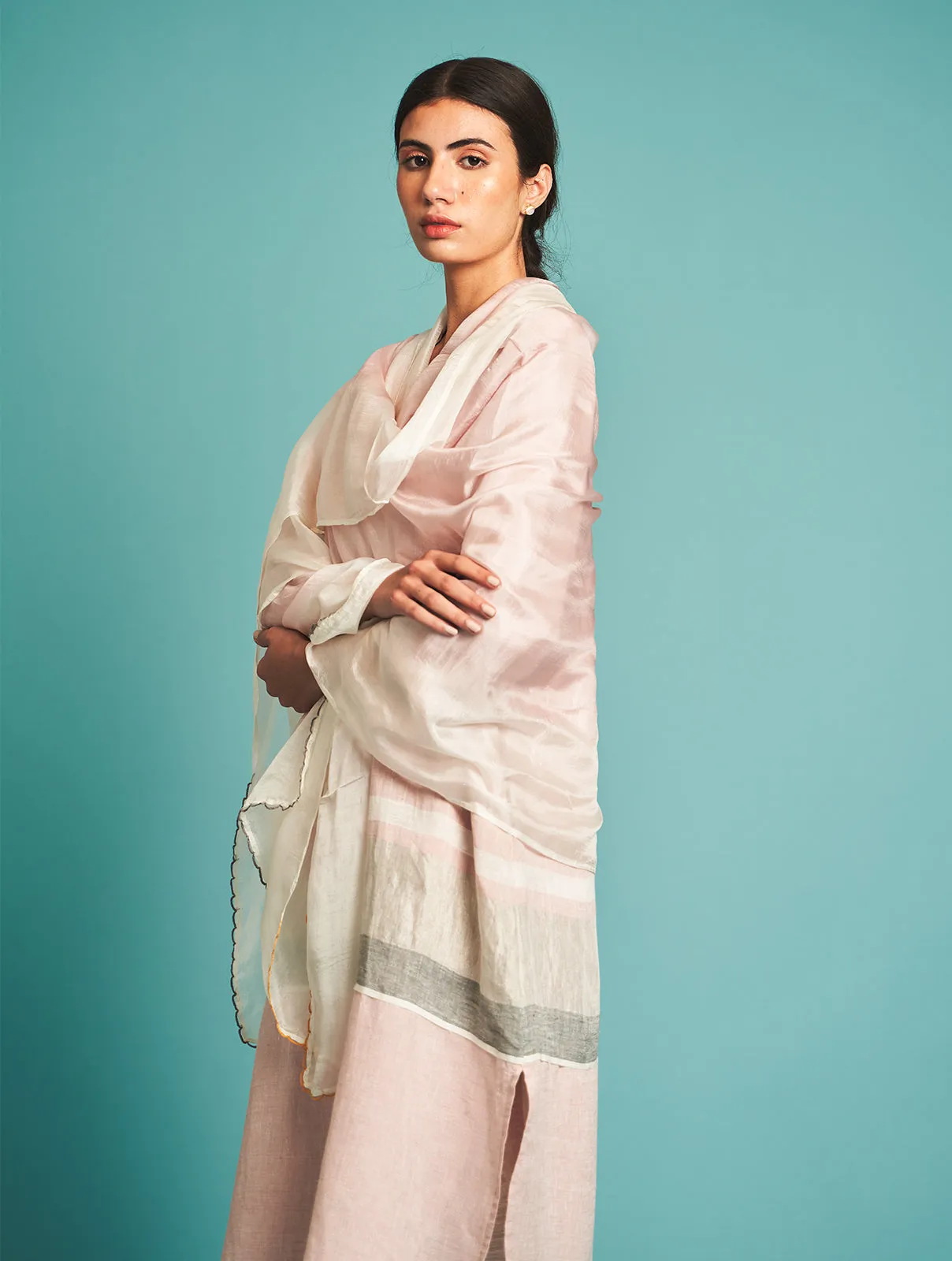 Manan   I   Nia Striped Linen Kurta - Blush  Border Collection