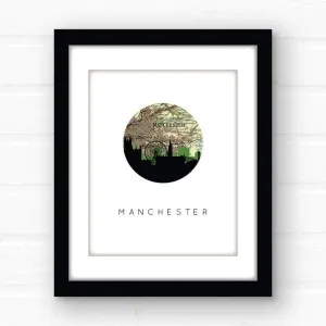 Manchester, England city skyline with vintage Manchester map