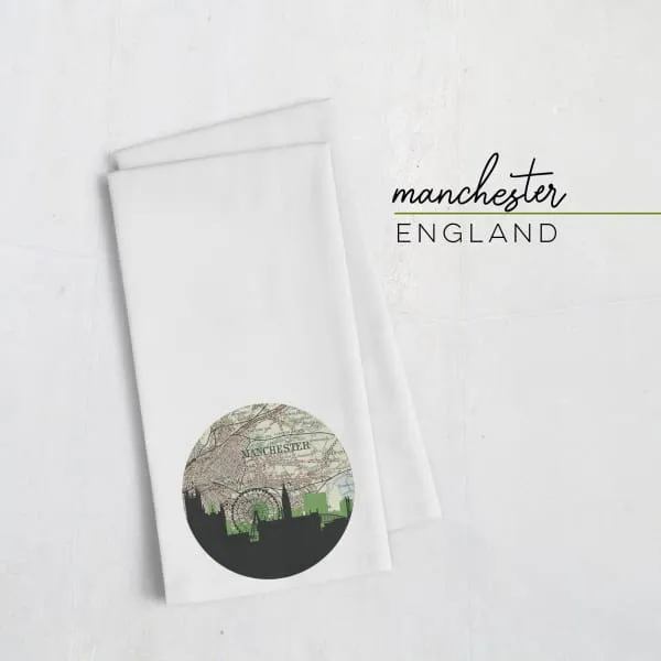 Manchester, England city skyline with vintage Manchester map
