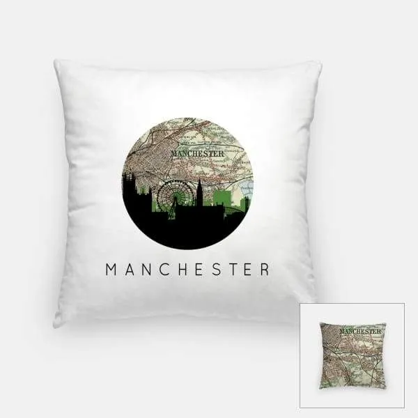 Manchester, England city skyline with vintage Manchester map
