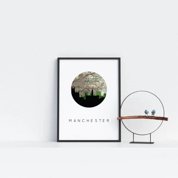 Manchester, England city skyline with vintage Manchester map