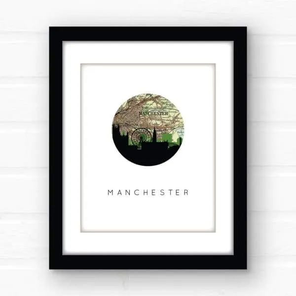 Manchester, England city skyline with vintage Manchester map
