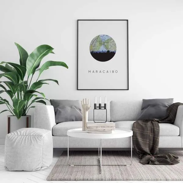 Maracaibo, Venezuela city skyline with vintage Maracaibo map