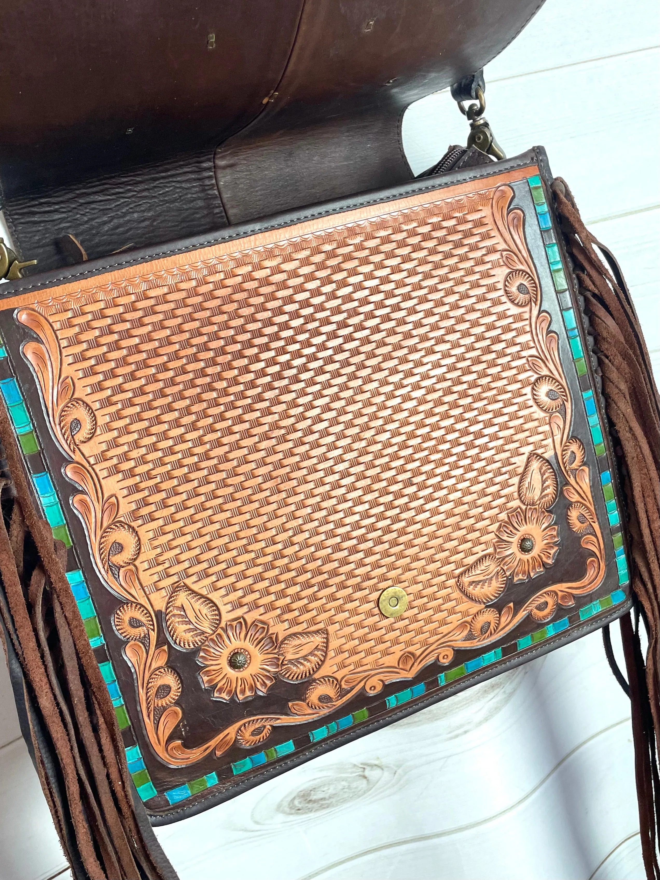 March Cactus Blossom Tooled Satchel Crossbody Bag