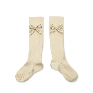 Marinette - Ribbed Knee-high socks w Striped Bow - 037 Doux Agneaux