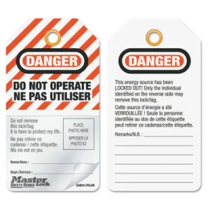 Master Lock® Self-Laminating Photo ID Tags, English/French, 5 4/5 in x 3 1/5 in, WH, Red, BK, S4801LFRLEN