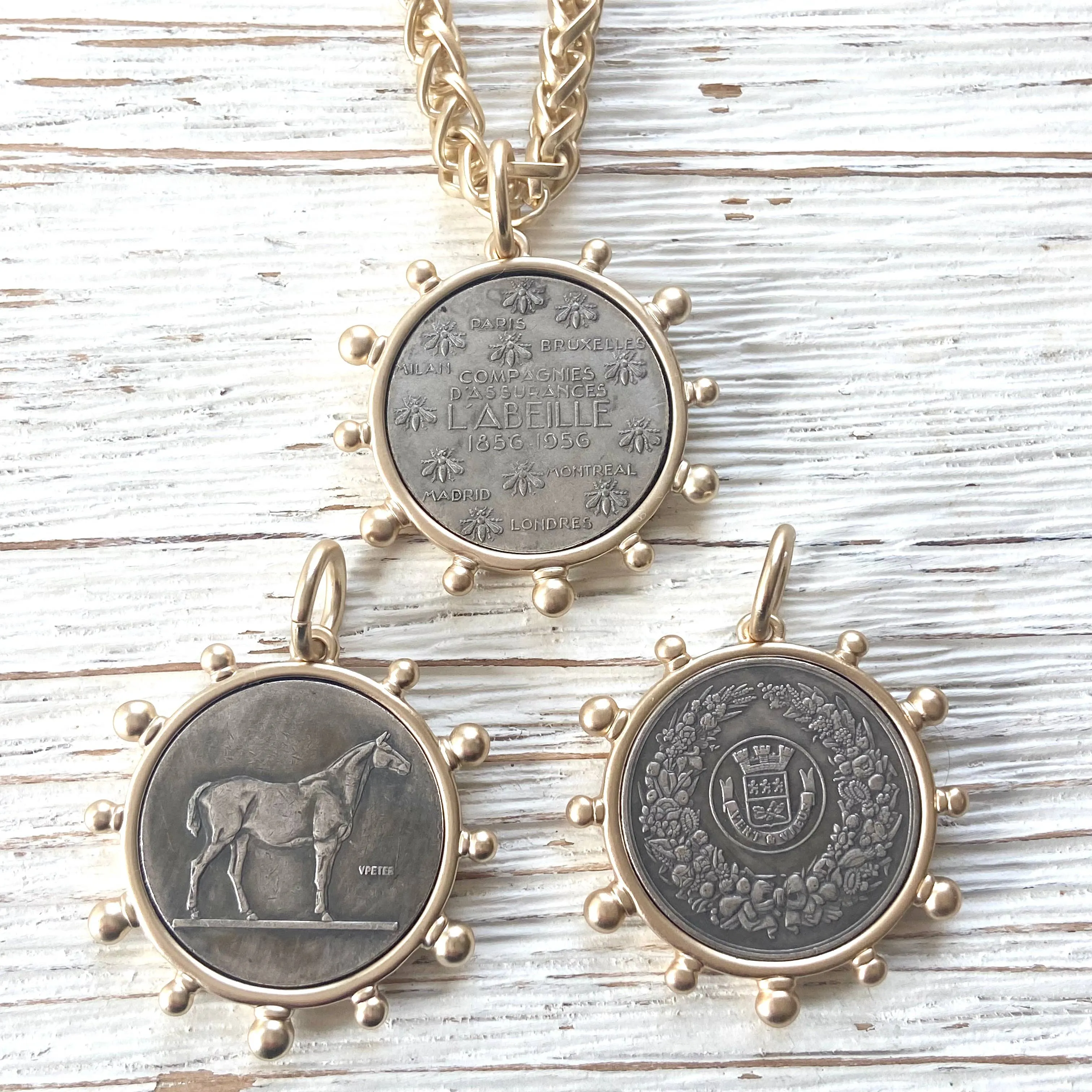 Matte gold horse French Bee coin necklace boutique Kande: Horse