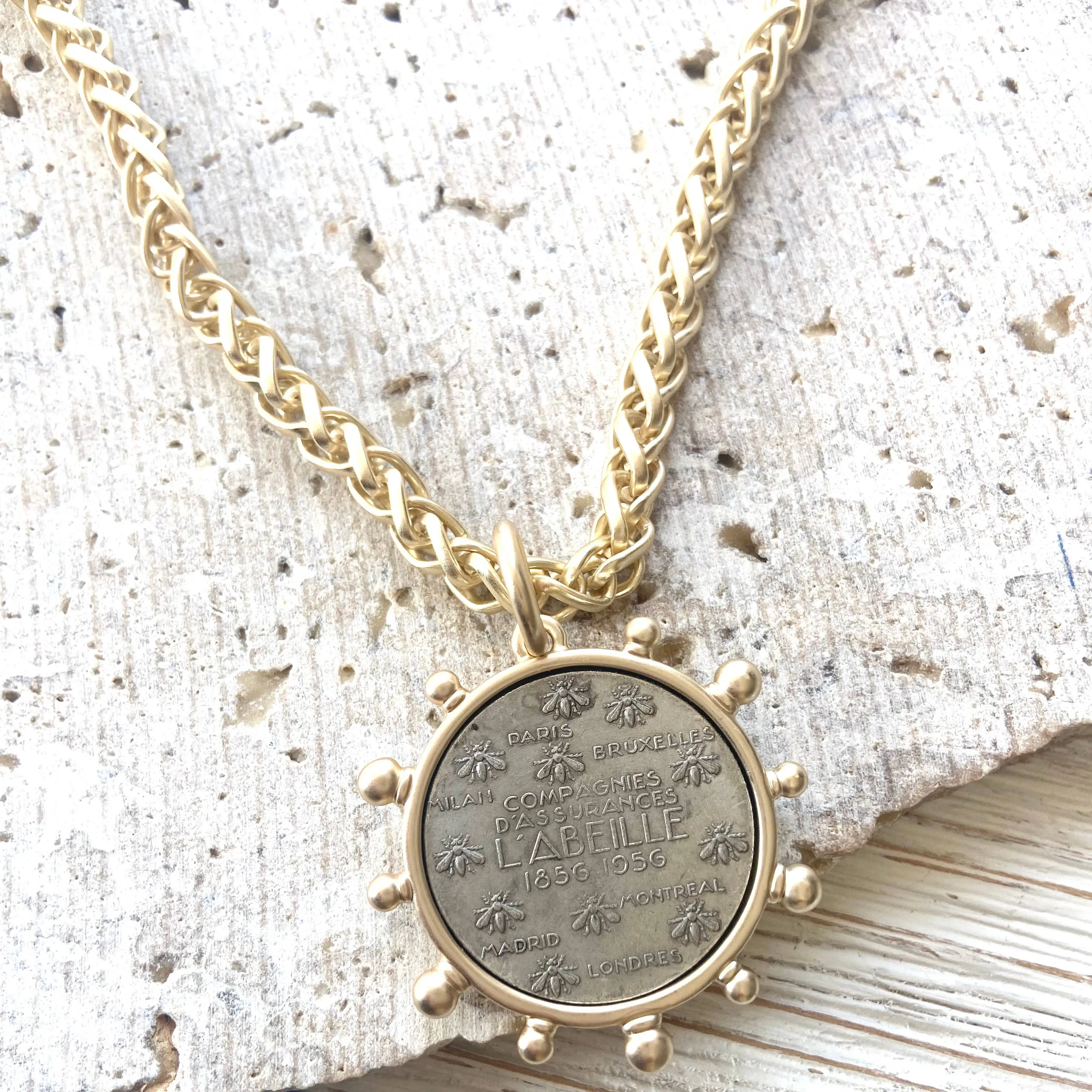 Matte gold horse French Bee coin necklace boutique Kande: Horse