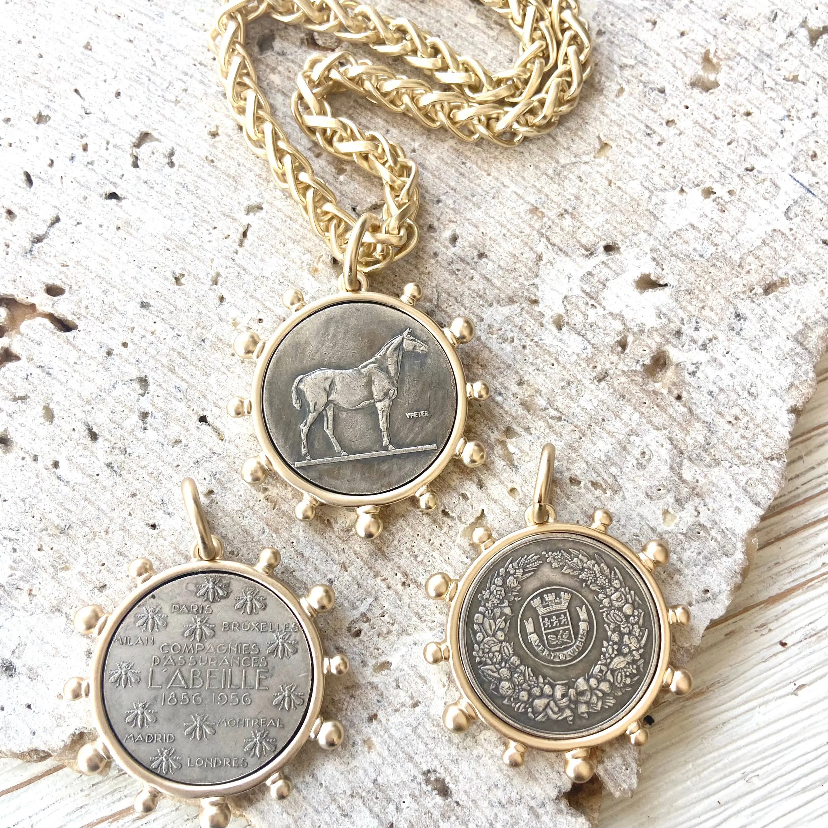 Matte gold horse French Bee coin necklace boutique Kande: Horse