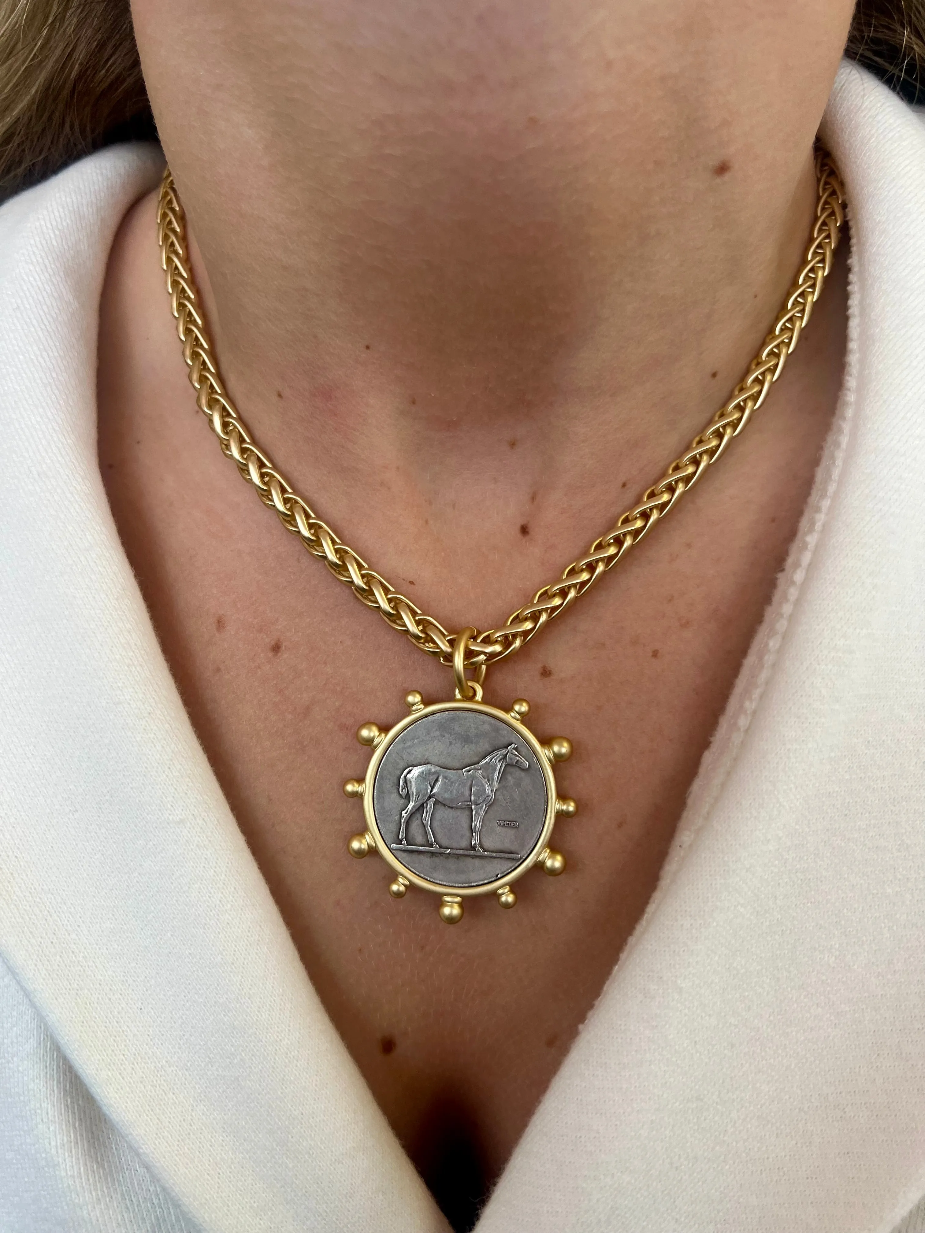 Matte gold horse French Bee coin necklace boutique Kande: Horse