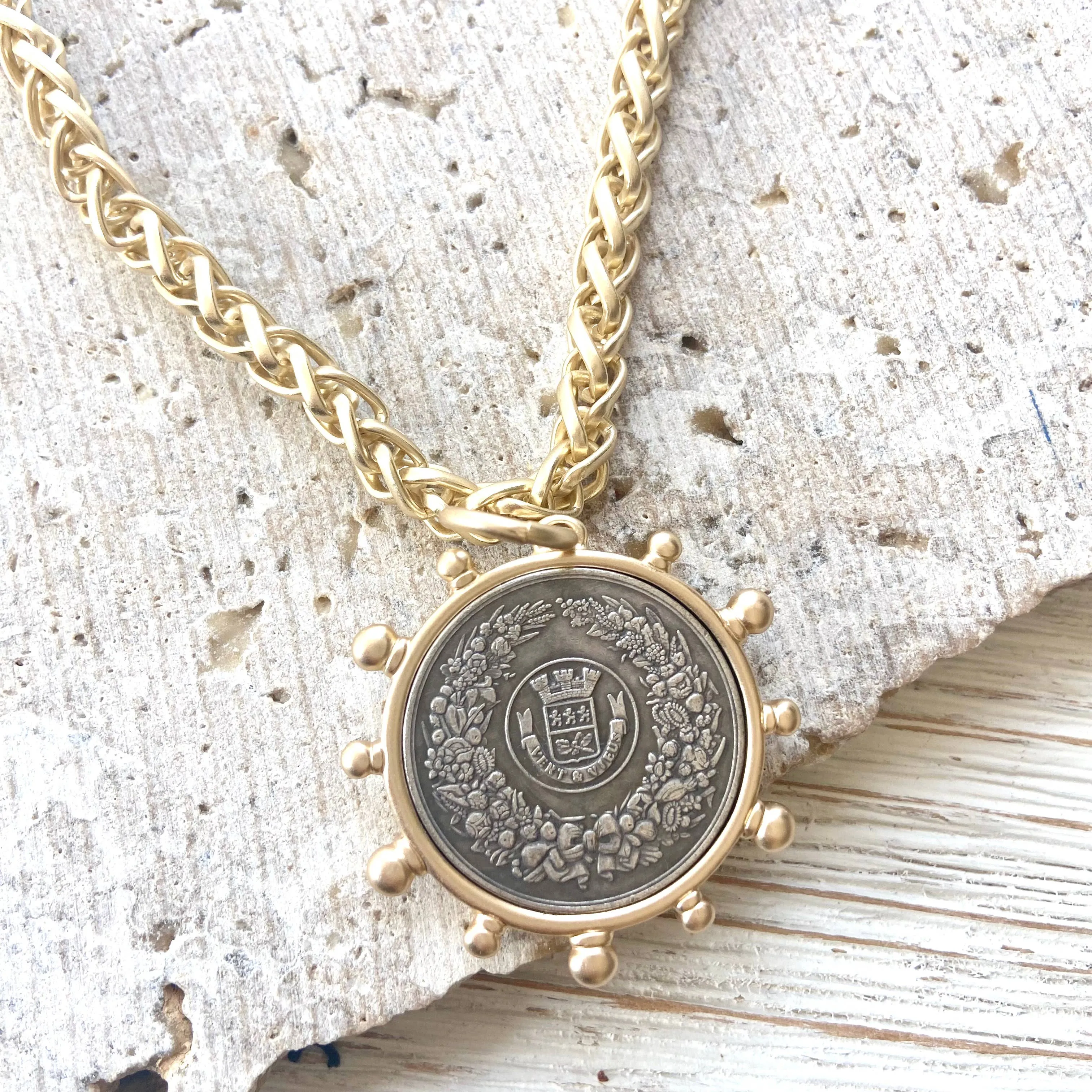Matte gold horse French Bee coin necklace boutique Kande: Horse