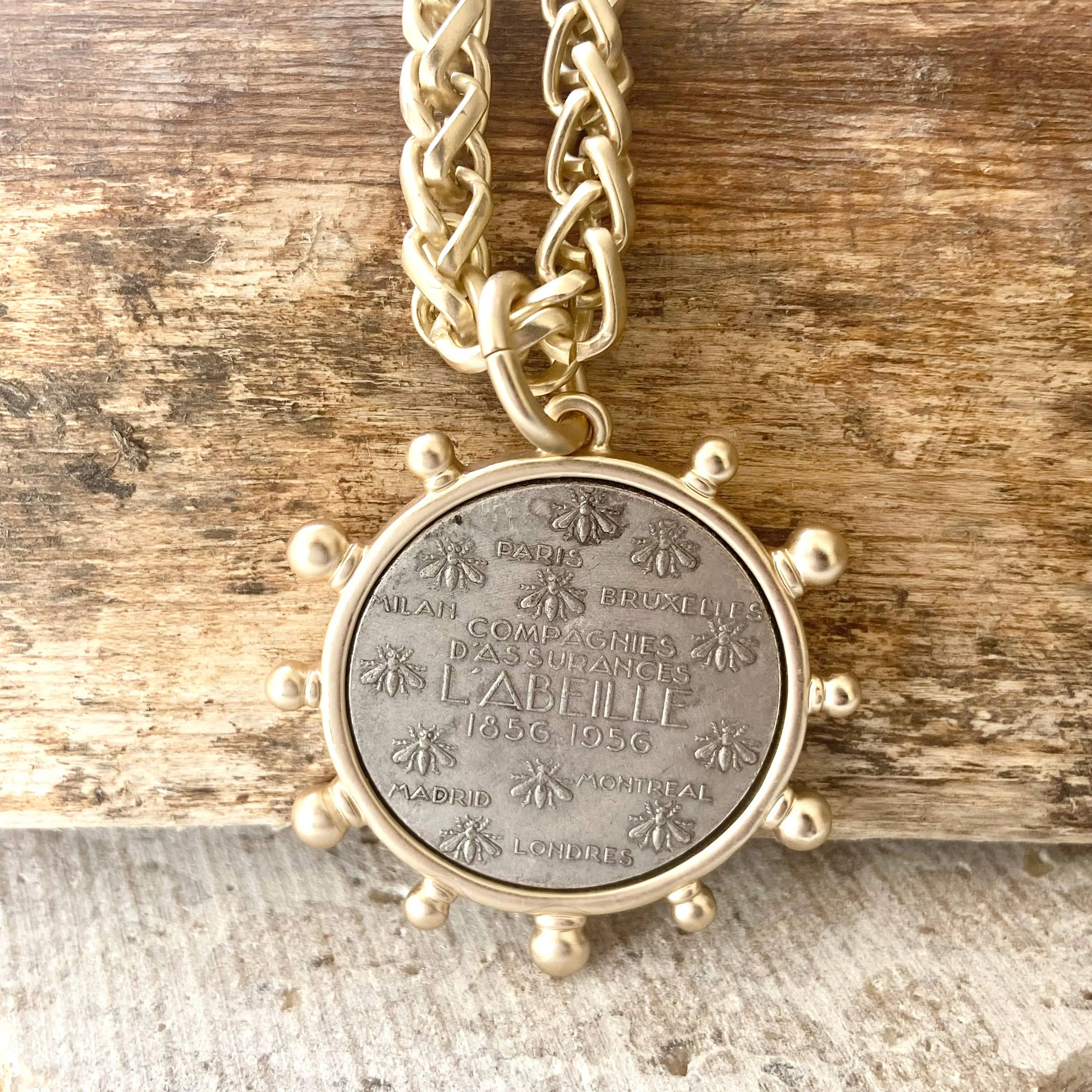 Matte gold horse French Bee coin necklace boutique Kande: Horse