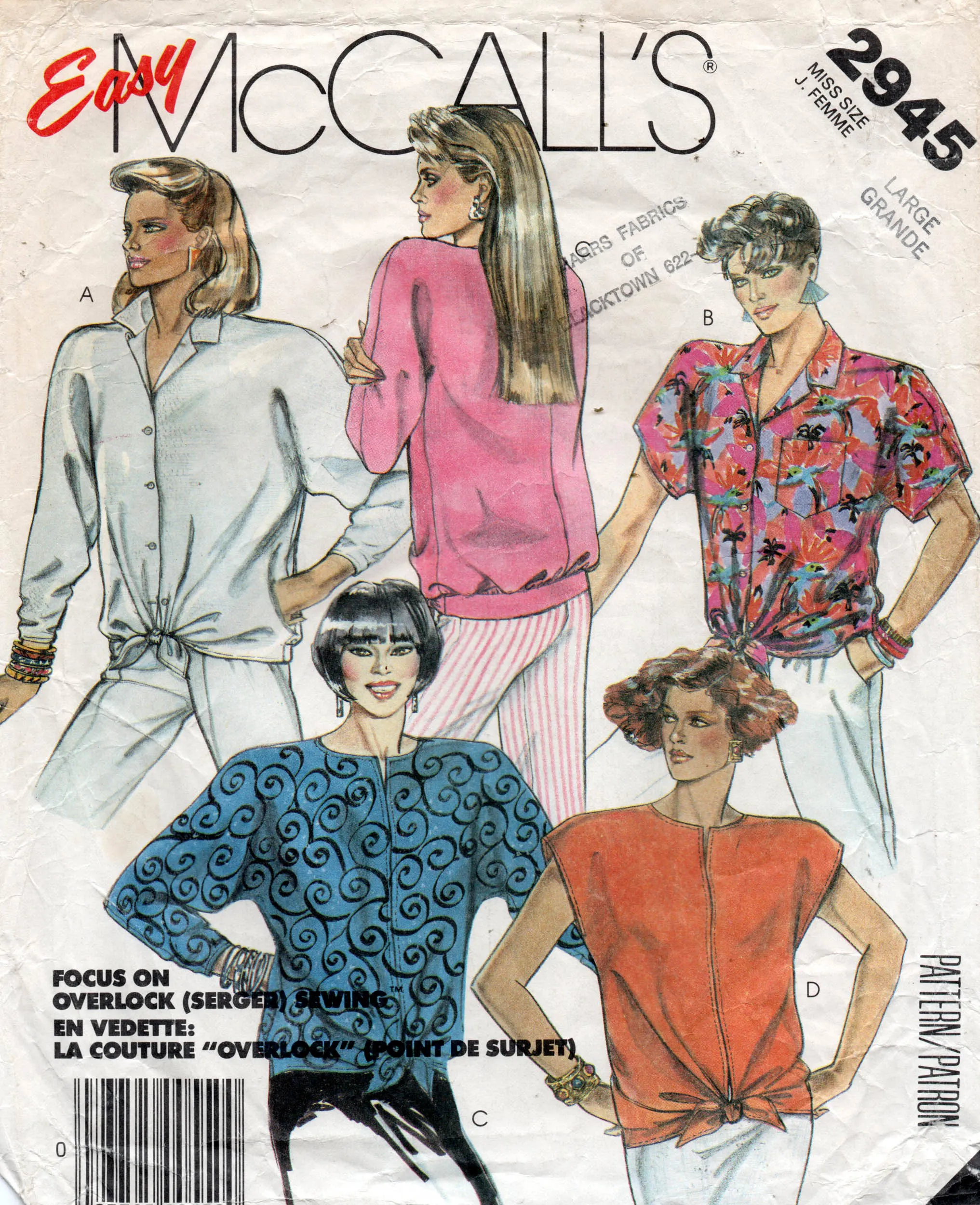 McCall's 2945 Womens Retro Tie Front Tops 1980s Vintage Sewing Pattern Size LARGE Bust 40 - 42 inches