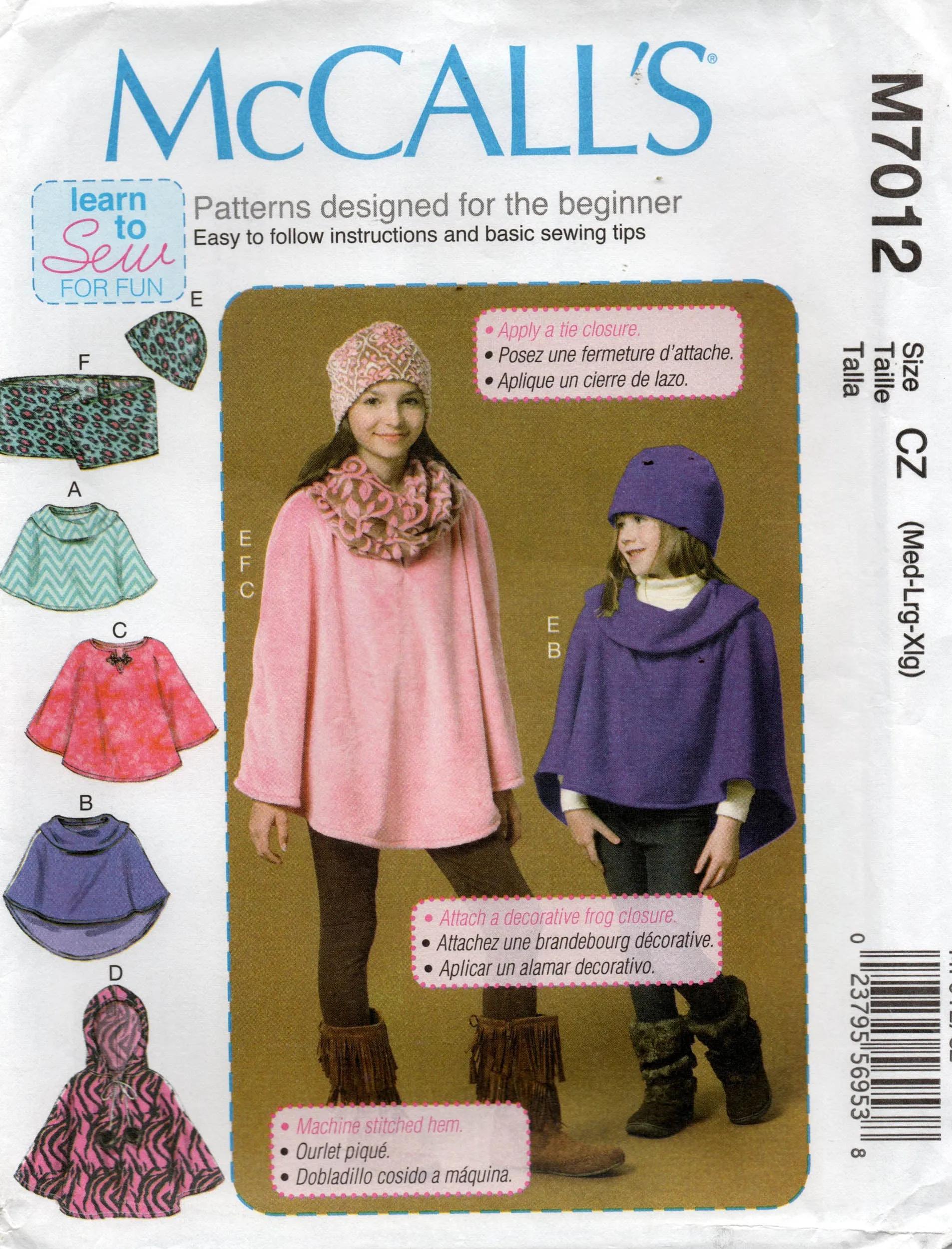 McCall's M7012 EASY Girls Teens Ponchos Hat & Scarf Sewing Pattern UNCUT Factory Folded