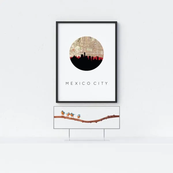 Mexico City, Mexico city skyline with vintage Mexico City map