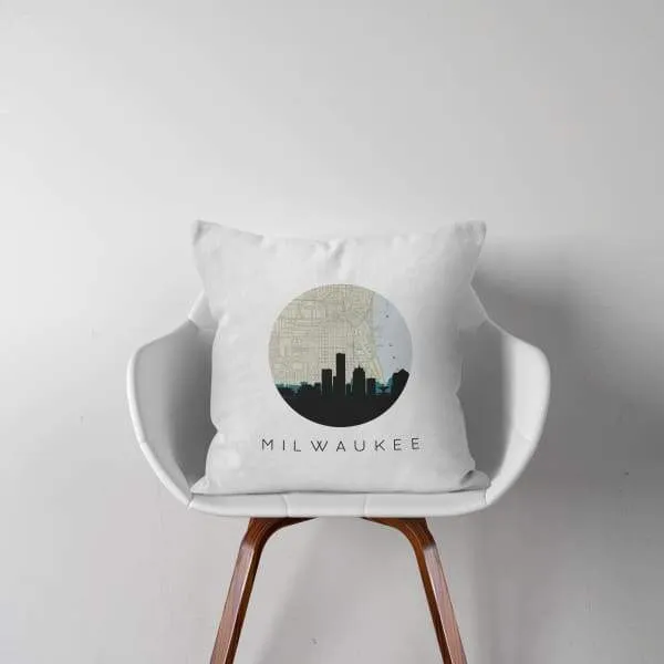 Milwaukee, Wisconsin city skyline with vintage Milwaukee map