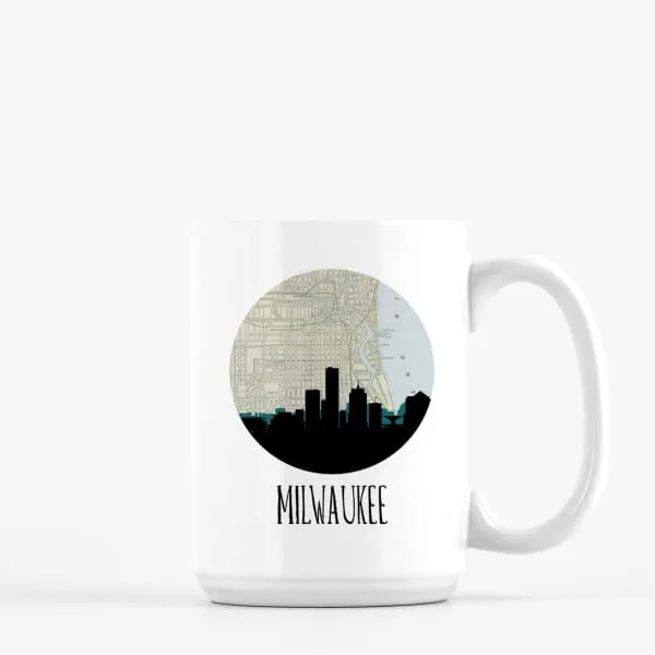 Milwaukee, Wisconsin city skyline with vintage Milwaukee map