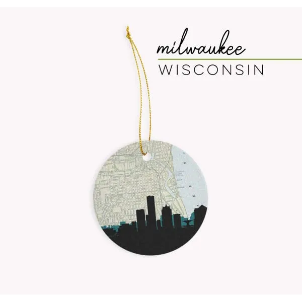 Milwaukee, Wisconsin city skyline with vintage Milwaukee map