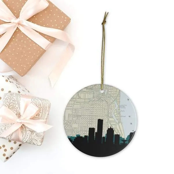 Milwaukee, Wisconsin city skyline with vintage Milwaukee map
