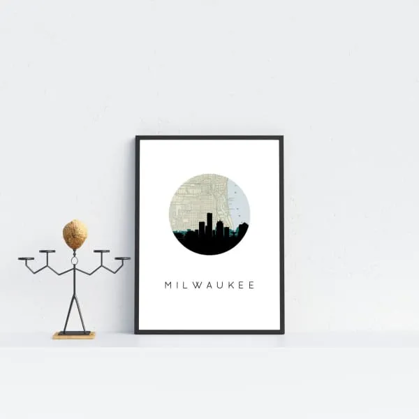 Milwaukee, Wisconsin city skyline with vintage Milwaukee map