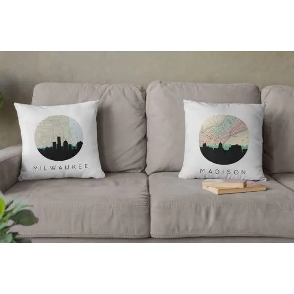 Milwaukee, Wisconsin city skyline with vintage Milwaukee map