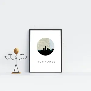 Milwaukee, Wisconsin city skyline with vintage Milwaukee map