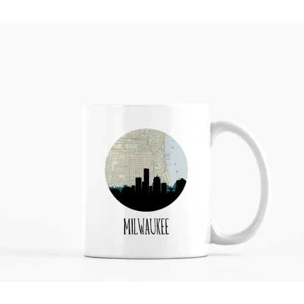 Milwaukee, Wisconsin city skyline with vintage Milwaukee map