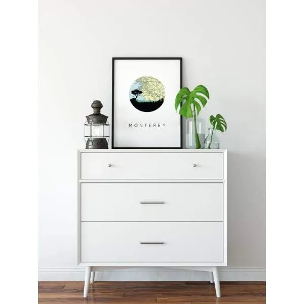 Monterey, California city skyline with vintage Monterey map