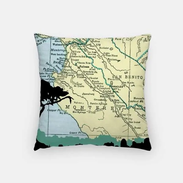Monterey, California city skyline with vintage Monterey map