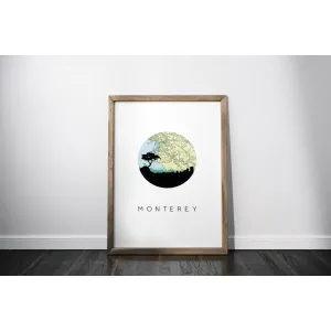 Monterey, California city skyline with vintage Monterey map