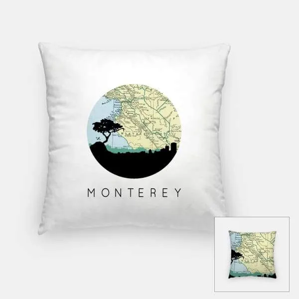 Monterey, California city skyline with vintage Monterey map
