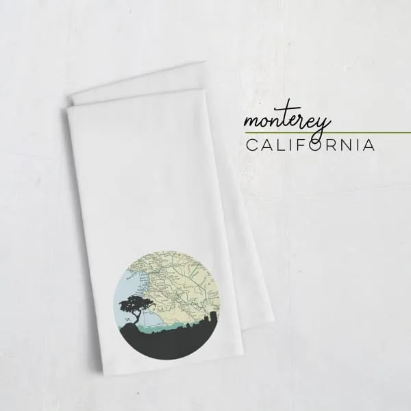 Monterey, California city skyline with vintage Monterey map