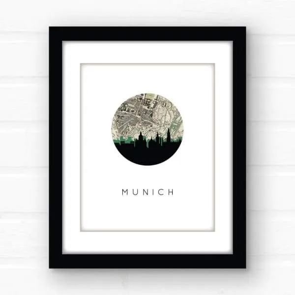 Munich city skyline with vintage Munich map