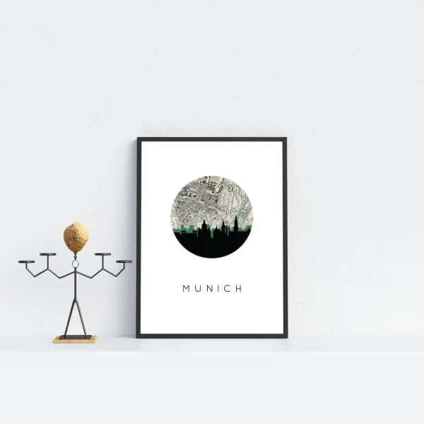 Munich city skyline with vintage Munich map
