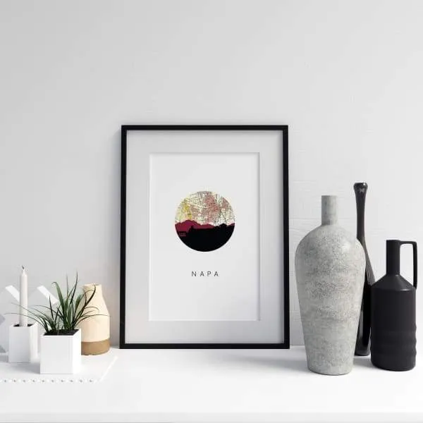 Napa, California city skyline with vintage Napa map