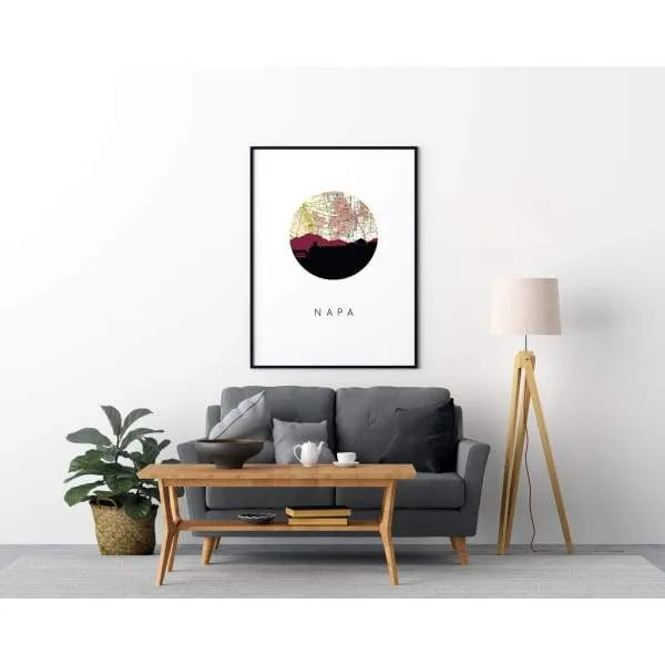 Napa, California city skyline with vintage Napa map