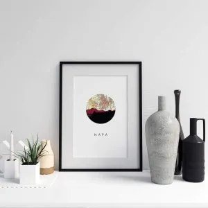 Napa, California city skyline with vintage Napa map