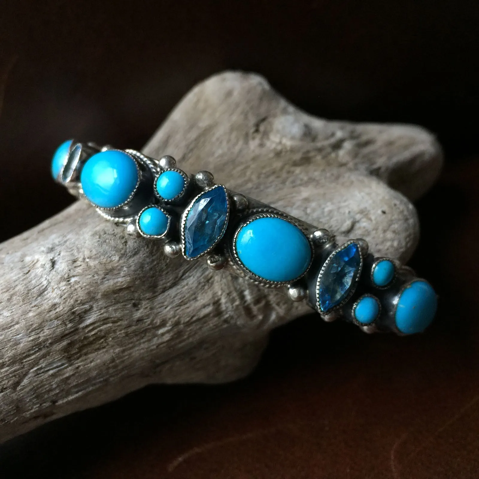 Natural Carico Lake with Blue Topaz Bangle Bracelet Signed Leo Feeney