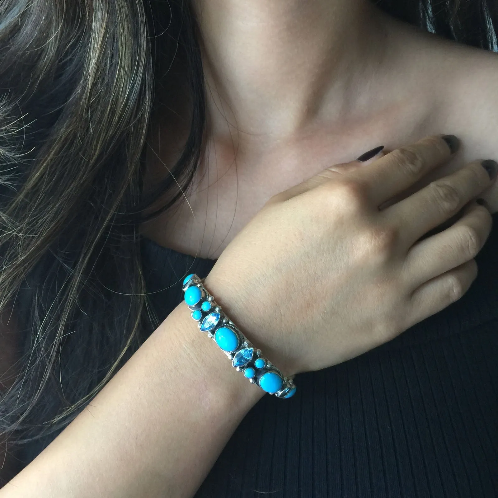Natural Carico Lake with Blue Topaz Bangle Bracelet Signed Leo Feeney